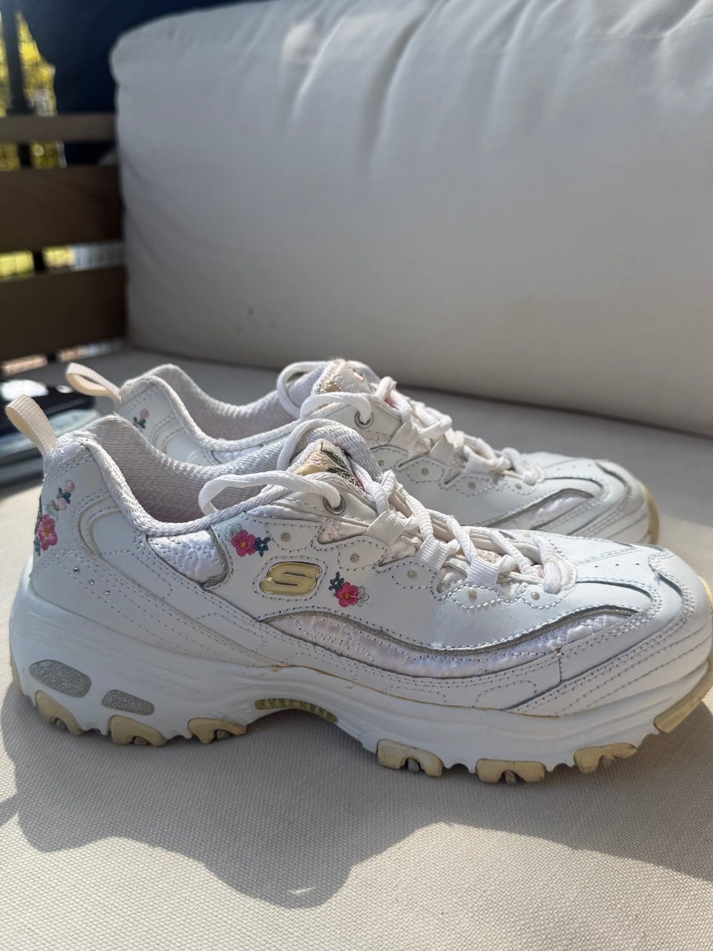 Skechers White Sneakers with Pink Floral Accents